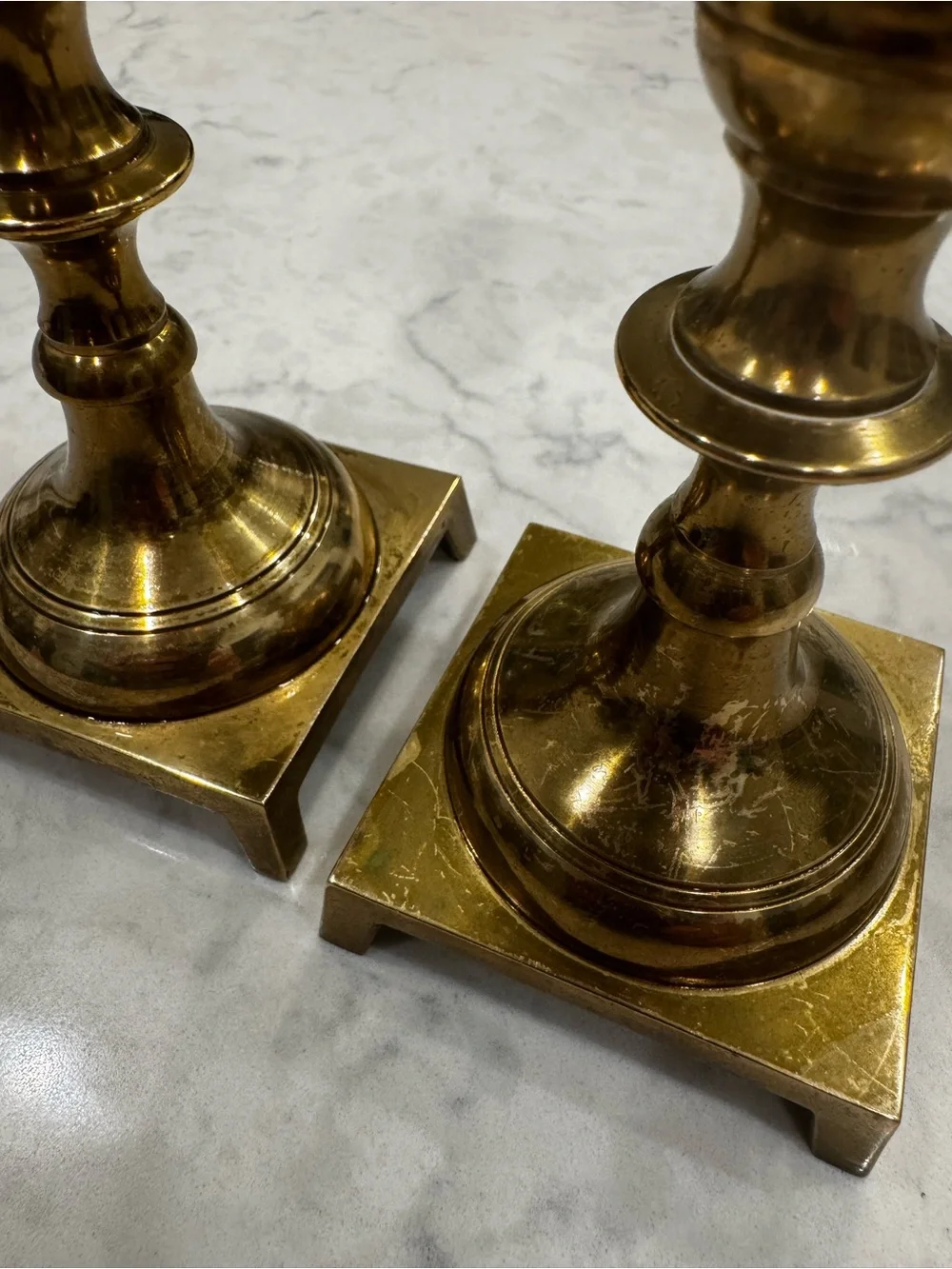 Vintage Brass Candlesticks Pair 8” Square Footed Bases Mid Century